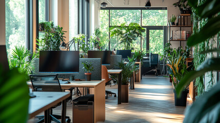 Fototapeta premium Modern Office Interior Design with Abundant Plants and Natural Light
