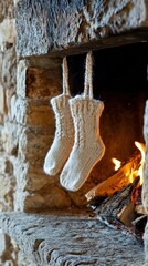 Cozy knitted stockings hang by a rustic stone fireplace, ready for holiday cheer, AI