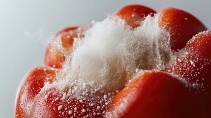 Fototapeta premium Fluffy white mold appearing on a red bell pepper against a white background