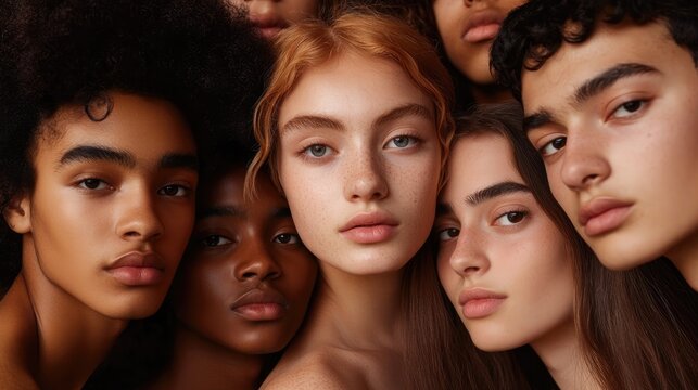 Diverse group portrait of teenagers engaged in a skincare campaign featuring both male and female participants - Powered by Adobe