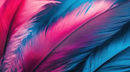 Vibrant multicolored feathers in bright pink and blue neon hues Close up view of soft colorful feathers Minimalist abstract design featuring ample space for text