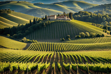 Fototapeta premium Tuscan villa nestled amidst rolling vineyards at sunset.