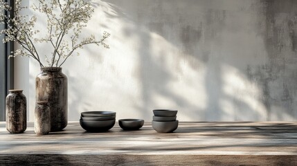 Elegant wooden tabletop in a modern luxury setting featuring a clean surface with rustic elements and a textured backdrop creating a sophisticated atmosphere