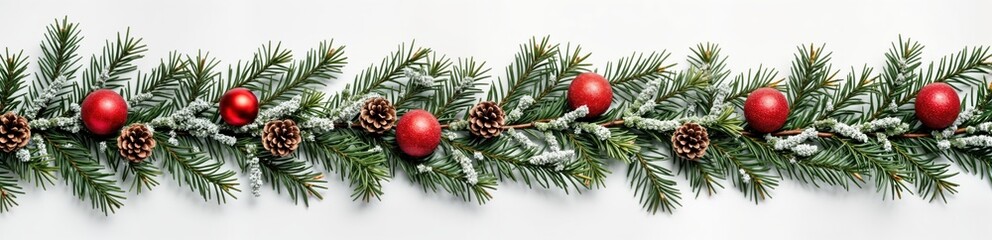 Festive garland with evergreen branches decorated with red Christmas ornaments, pine cones and snow. Holiday decorations with natural elements, ideal for Christmas cards, banners and greeting design.