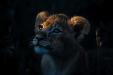 Obraz premium Close-up of a baby lion illuminated by rim lighting against a dark background, showcasing its detailed features and expressive gaze