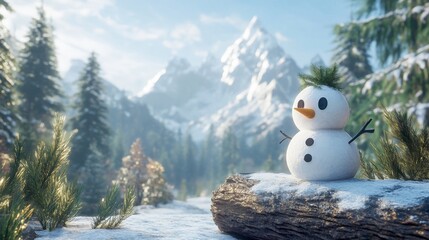 Obraz premium Joyful Snowman Perched on a Snowy Log, Majestic Mountains in the Background