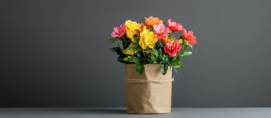 Obraz premium Artificial flower potted in stylish brown paper enhancing workplace aesthetics and creating a calming atmosphere