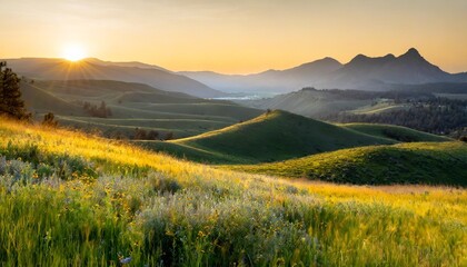 Naklejka premium Rolling Green Hills Bathed in Soft Golden Light, With Wildflowers Blooming Across the Meadow and the Majestic Mountains Rising in the Distance Under the Vast Open Sky