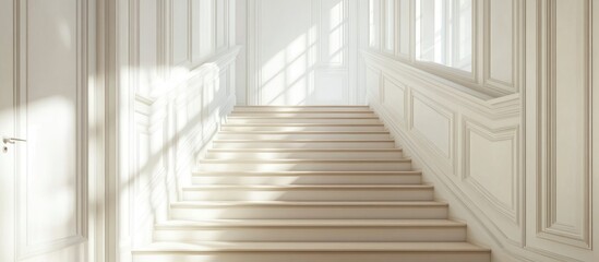 Fototapeta premium Bright hallway featuring pristine white walls and elegant wooden stairs ideal for showcasing interior design elegance