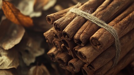 Aromatic Cinnamon Sticks Bound with Twine, Resting on Dried Leaves