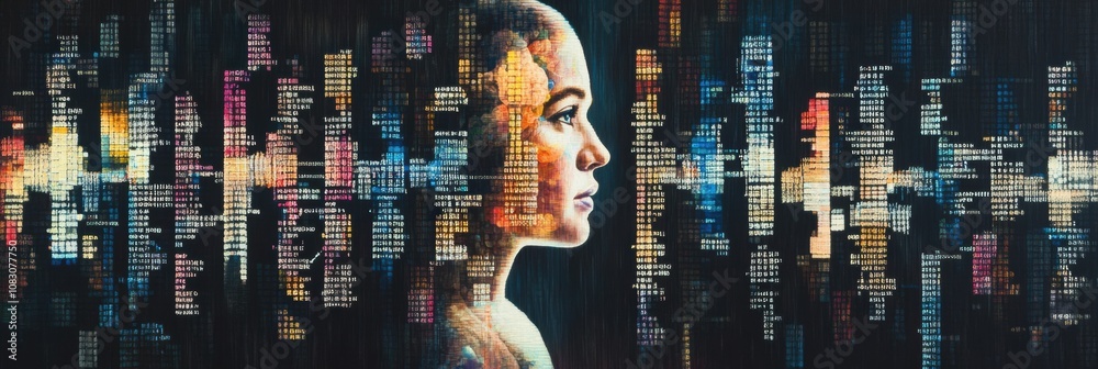Aufkleber A human silhouette is layered with rows of genetic code, highlighting the connection between genetics and personal identity in science. Generative AI