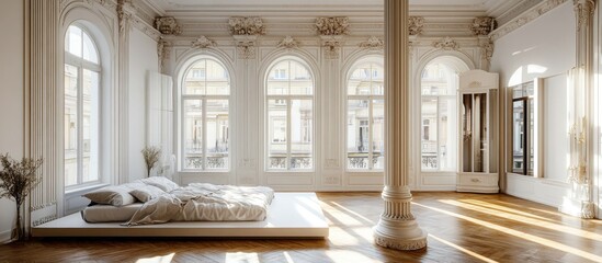 Fototapeta premium Bright and airy bedroom featuring a podium and an ornate Corinthian column perfect for elegant interior design inspiration
