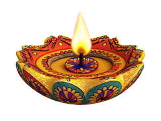 Traditional Indian oil lamp, diya. Colorful ceramic decorated with floral pattern. Lit with a flame. Hinduism symbol, religious artifact, culture, festival, celebration. Transparent isolated cut out.