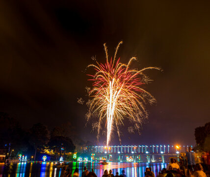 Firework Display Over The Cane River at The Natchitoches Christmas Festival, Natchitoches, Louisiana, USA