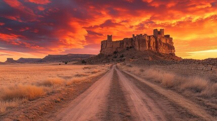 Fototapeta premium Dirt road leading to ancient city ruins under vibrant sunset sky
