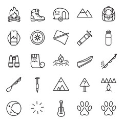 Set of 20 Minimalist Outdoor Travel Vector Icons &ndash; Campfire, Hiking, Camping Gear, Nature Adventure Symbols for Tourism & Hiking Designs