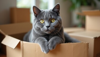 Fototapeta premium A fluffy gray cat with striking yellow eyes lounges comfortably in a cardboard box, exuding an air of regal contentment. The soft natural light filters through the window, highlighting the cat's plush