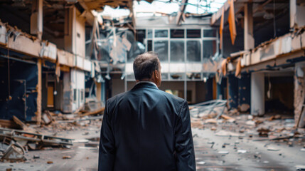 A man in a suit explores the remnants of a derelict building with shattered windows and debris during daylight hours