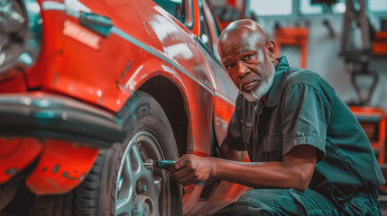 Middle-Aged Black Man Kneeling Beside Red Car, Repairing Dented Side Panel in Organized Auto Body Shop - Vehicle Maintenance, Auto Repair, and Skilled Mechanic at Work