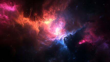 Obraz premium Beautiful swirling red and blue nebula with stars in space.