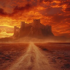 Obraz premium Dirt road leading to ancient city ruins under vibrant sunset sky