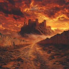 Fototapeta premium Dirt road leading to ancient city ruins under vibrant sunset sky