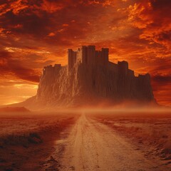 Fototapeta premium Dirt road leading to ancient city ruins under vibrant sunset sky