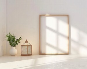 Fototapeta premium A blank wooden frame with a potted plant, wooden candle holder and sunlight streaming through a window in a minimalist room