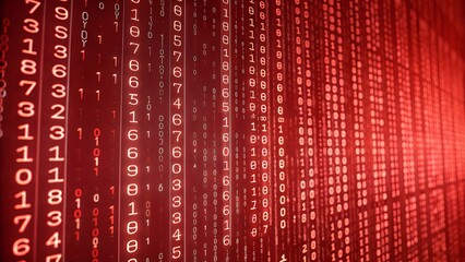 Digital red matrix wall background with numbers and letters. Futuristic technology binary code and computer data, virtual internet network program, digit, coding, cyberspace, security pattern	