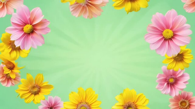 pink yellow spring flowers such daffodils carnations arranged flat lay pattern filmed 4K showcase colors