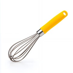 Yellow handled whisk with silver wire coils isolated on white background.