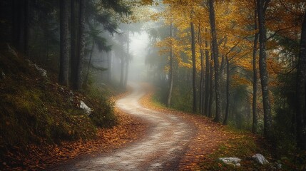 Obraz premium Foggy morning covering a peaceful valley with dense trees
