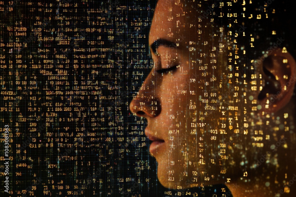Poster a human figure contemplates as dna symbols surround them, representing the link between genetics and
