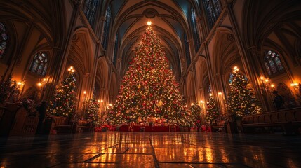 Fototapeta premium Majestic Christmas tree in a grand cathedral setting