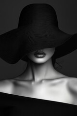 Elegant black and white portrait of a mysterious woman in a wide-brimmed black hat obscuring her face captured in a timeless moment