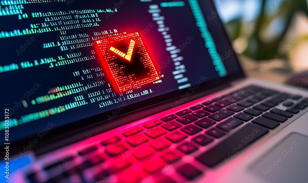 Poster a laptop displaying code with a highlighted graphic symbolizing cybersecurity.