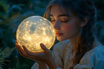Naklejka premium Enchanting girl with a glowing moon, surreal dreamy atmosphere