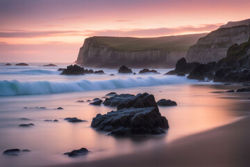 A breathtaking sunset casts a warm glow over a rocky beach with gentle waves crashing against the shore.