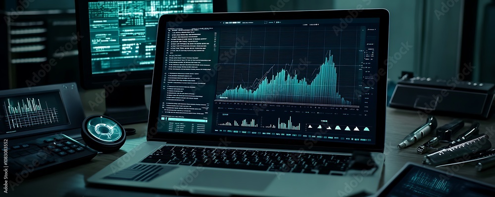 Poster a workspace featuring a laptop displaying data visualizations and analytics.