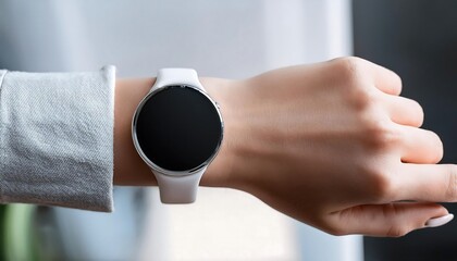 Fototapeta premium blank round smart watch on wrist, empty screen smart watch mockup