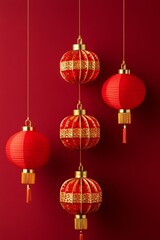 Five Red and Gold Chinese Lanterns Hanging on a Red Background for Chinese New Year Celebrations