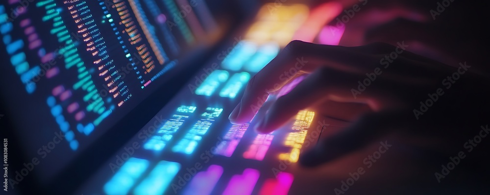 Poster a close-up of a hand typing on a vibrant, illuminated keyboard with code displayed.