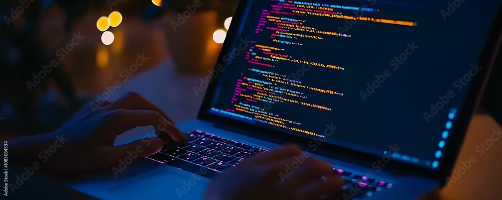 Poster a person coding on a laptop with colorful code displayed on the screen in a dimly lit room.