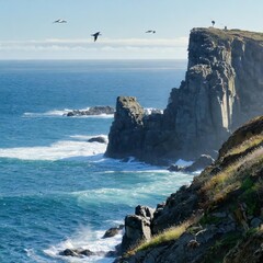 Dramatic Cliffside With Towering Rock Formations Overlooking the Deep Blue Ocean, With White Waves Crashing Against the Base of the Cliffs and Seabirds Soaring in the Wind