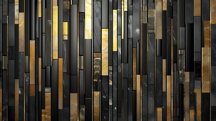 Obraz premium A textured wall design featuring vertical bars of black and gold materials, ideal for modern interiors.