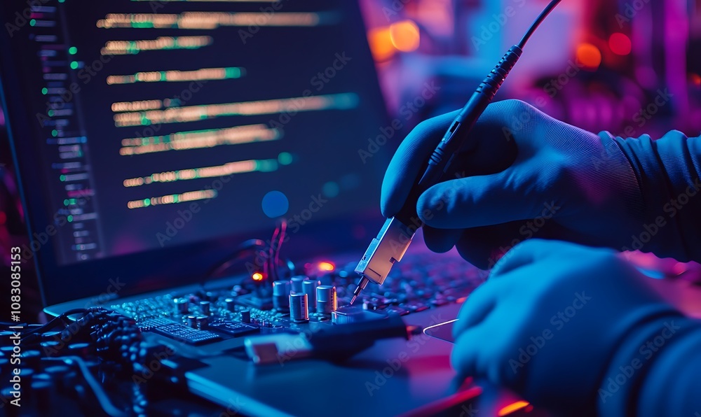 Poster a close-up of a hand working on a circuit board with a laptop displaying code in the background.
