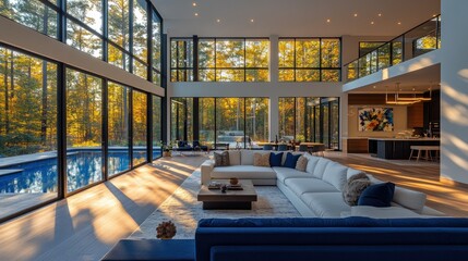Fototapeta premium Modern living room with large windows overlooking a pool and autumn trees.
