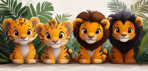 Obraz premium Cartoon Baby Lions and Tigers Friendship Banner for Children's Play and Joy