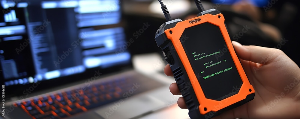 Poster a handheld device displaying code, connected to a laptop for data analysis or diagnostics.