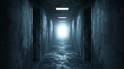 A dimly lit corridor leading to a bright light, evoking a sense of mystery and anticipation.